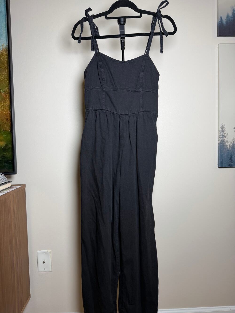 Black Denim Tie Strap Wide Leg Jumpsuit Size Small